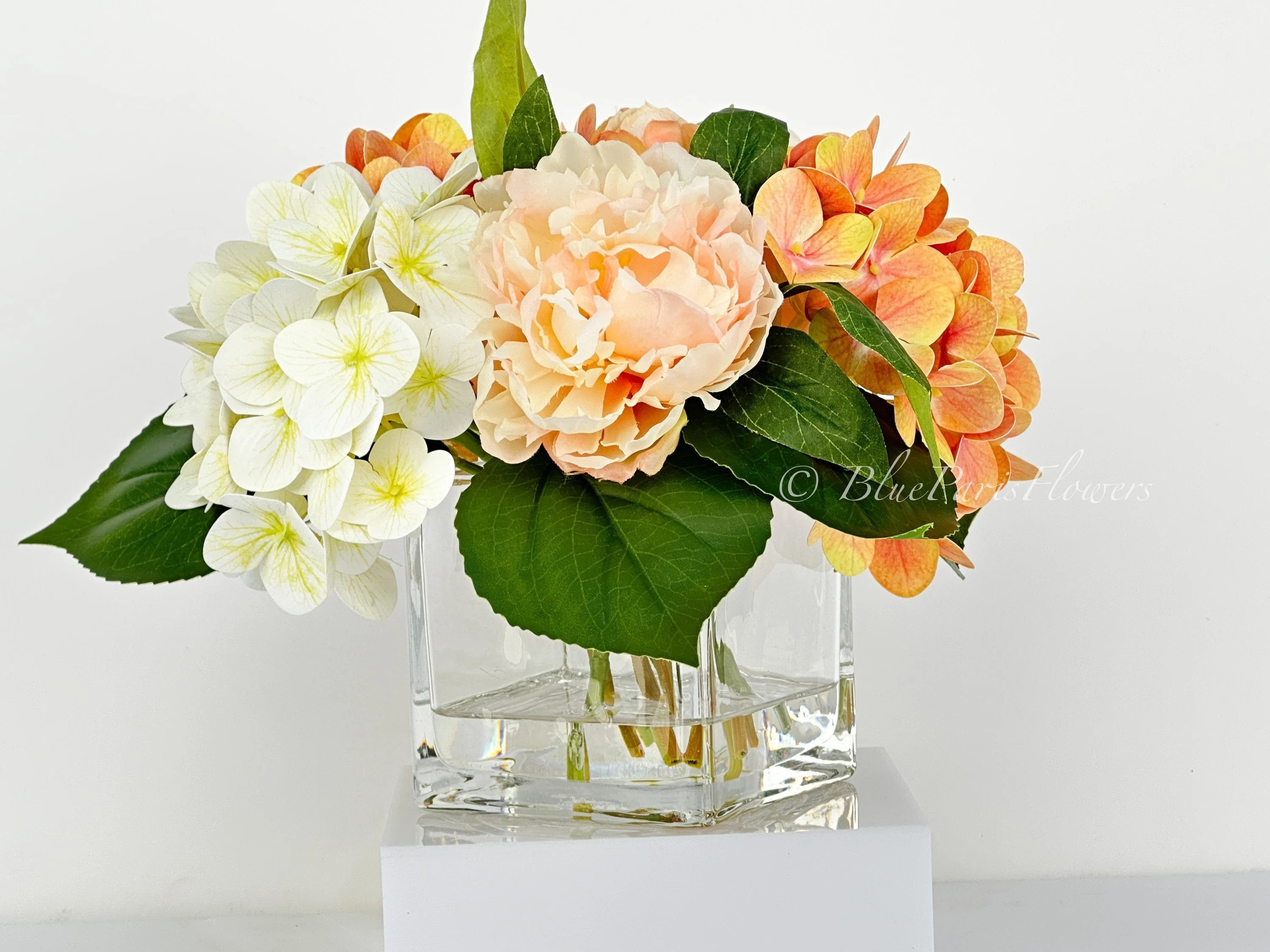 Peach Peonies & Hydrangeas Faux Floral Arrangement: Soft Touch Centerpiece | Etsy (Global)