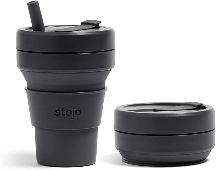 STOJO Collapsible Travel Cup With Straw - Carbon, 16oz / 470ml - Reusable To-Go Pocket Size Silic... | Amazon (US)
