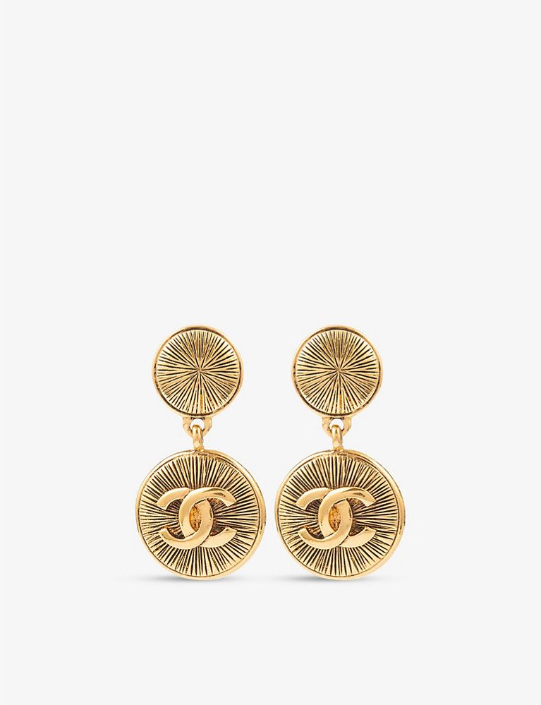 SUSAN CAPLAN Pre-loved Chanel yellow gold-plated metal clip-on earrings | Selfridges