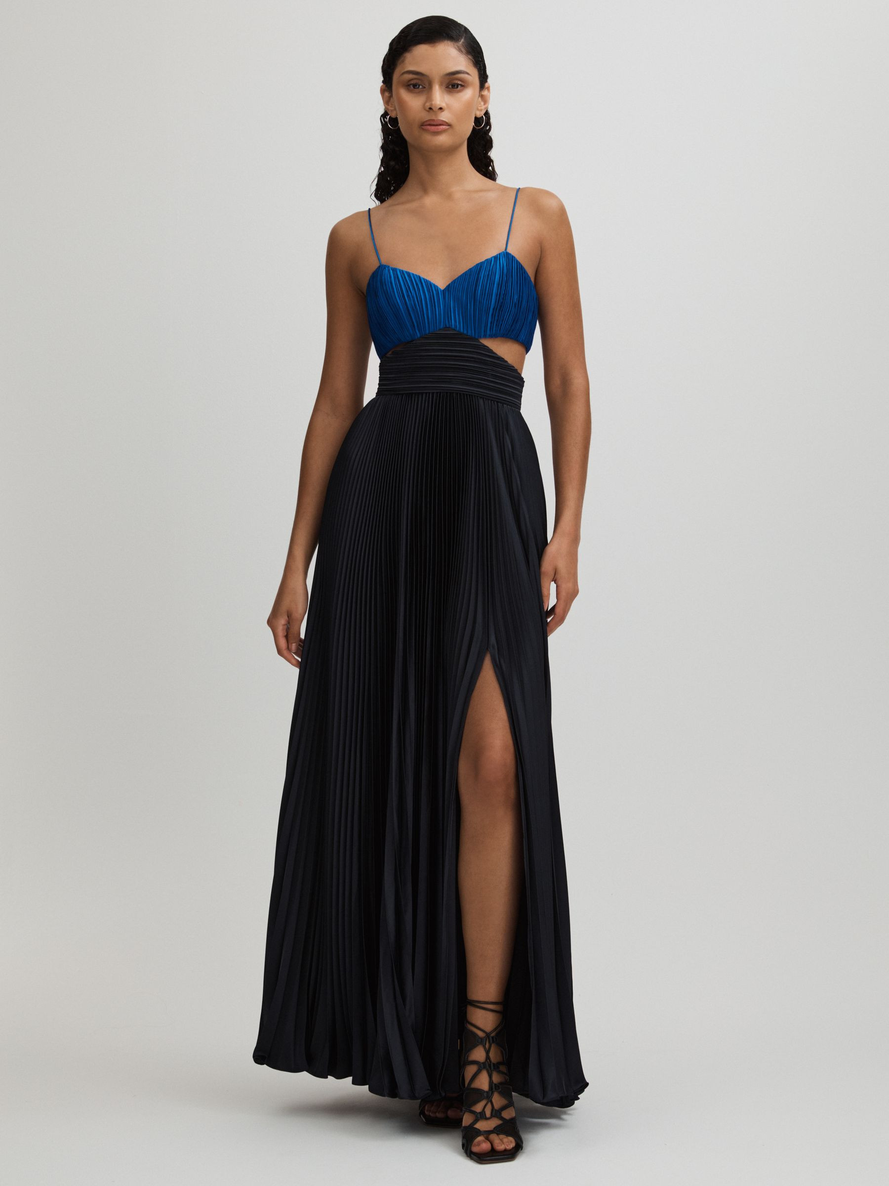 Elodie Navy Amur Pleated Cut-Out Maxi Dress | Reiss UK