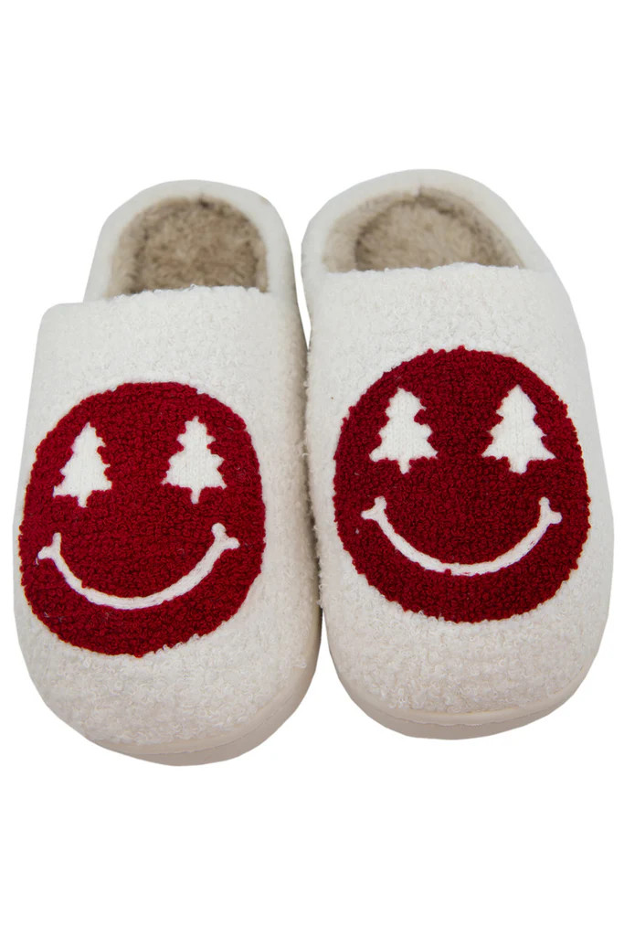 Red Christmas Tree Eyes Happy Face House Slippers | Katydid.com