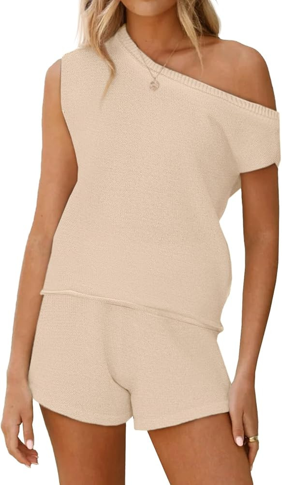 Tankaneo Womens Off The Shoulder 2 Piece Outfits Sweater Sets Shorts Casual Matching Lounge Sets ... | Amazon (US)
