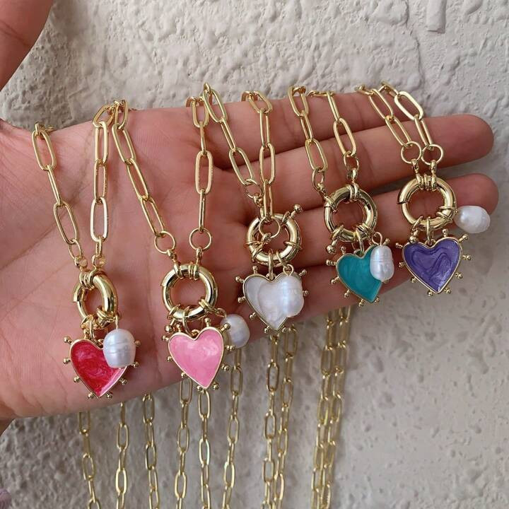 1pc 18K Gold Plated Cute Pink Blue Enamel Heart Pendant Necklace For Women Girls Collar Jewelry P... | SHEIN