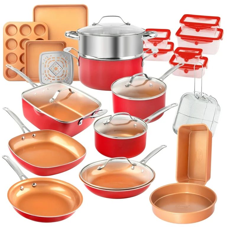 Gotham Steel 32 Pcs Cookware Set Bakeware and Food Storage Set Nonstick Pots and Pans Set Red | Walmart (US)