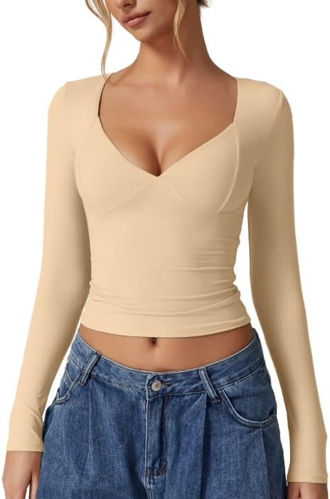 QINSEN Women's Long Sleeve V Neck T Shirts Double Lined Crop Top Seamed Cup Going Out Tops | Amazon (US)