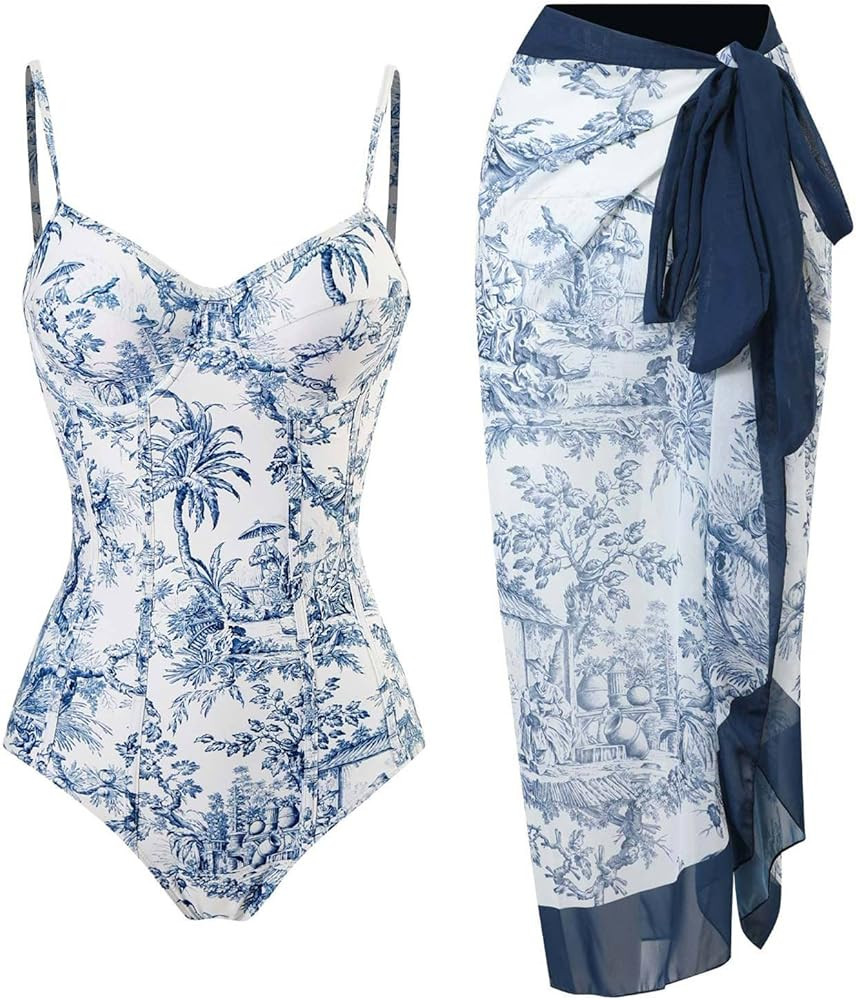 YUNAR Women Retro Deep Plunging One Piece Monokini Swimwear with Sarong 2 pcs Set, Small | Amazon (US)