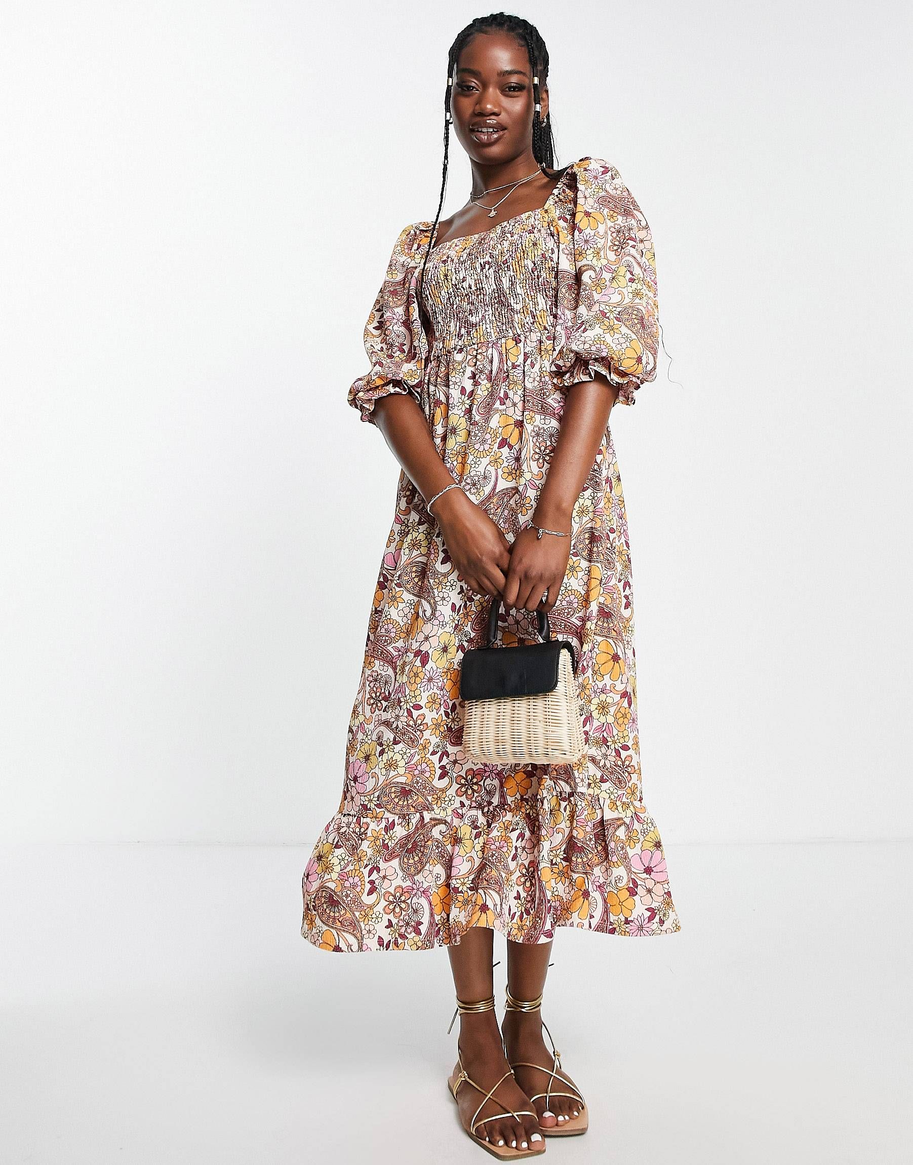 Miss Selfridge shirred midi dress in multi | ASOS (Global)