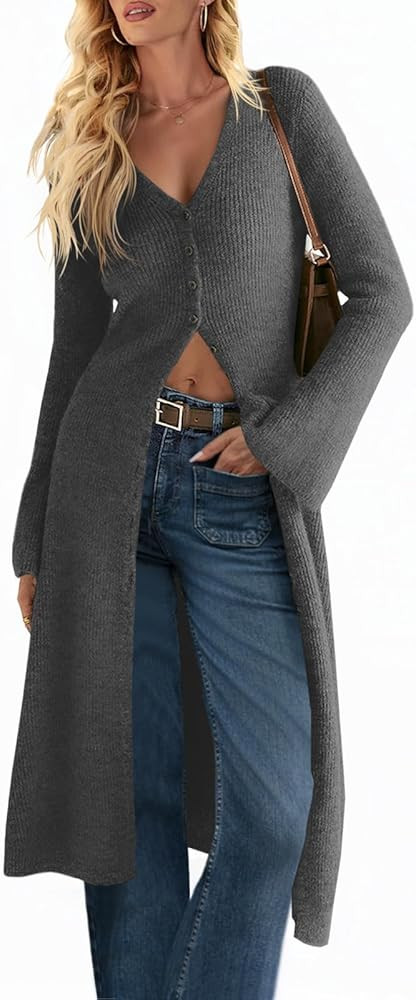 Saodimallsu Womens Long Cardigan Sweaters Oversized Bell Sleeve Open Front Button Down Casual Kni... | Amazon (US)