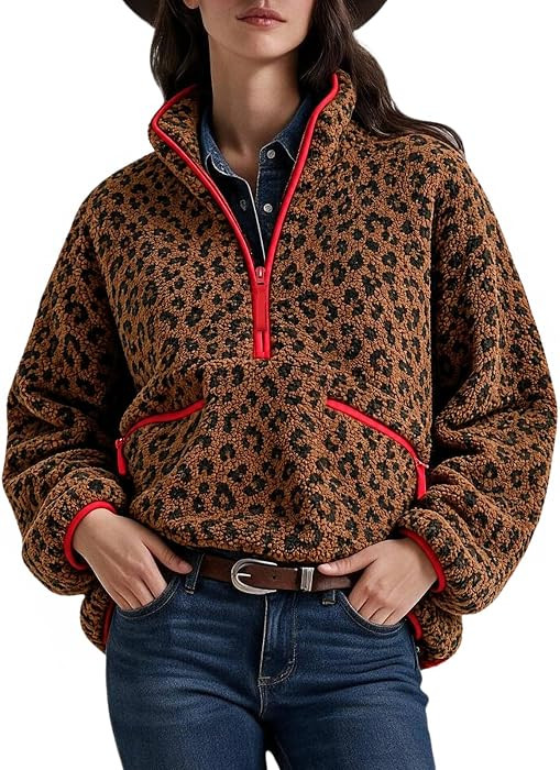 Aoysky Womens Leopard Fleece Jacket Quarter Zip Sherpa Pullover Zip Pockets | Amazon (US)