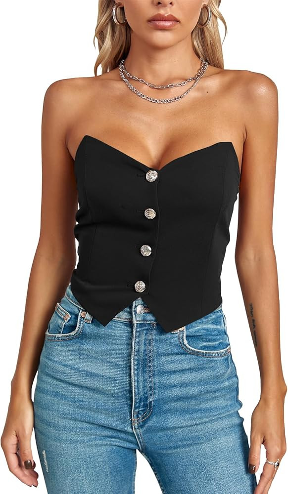 Imily Bela Womens Corset Tops Cropped Going Out Strapless Shirred Back Button Down Bustier Bodysh... | Amazon (US)