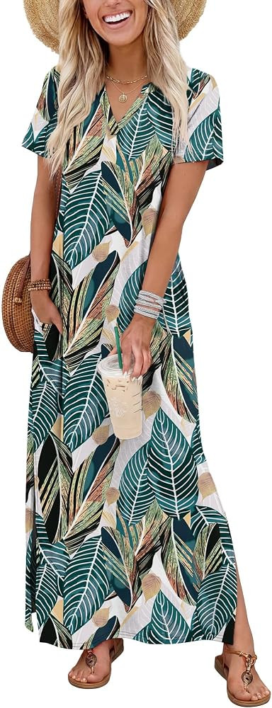 OFEEFAN Summer Dresses for Women 2026 Maxi Dress Short Sleeve Sundresses with Pockets Beach Vacat... | Amazon (US)