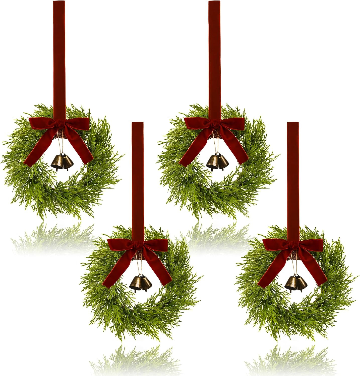4Pcs Mini Christmas Cedar Wreath, 12 Inch Small Wreaths for Kitchen Cabinets, with Deep Red Bow Vintage Bells Pine and Cypress Leaves for Fireplace Window Farmhouse Indoor Home Decorations | Amazon (US)