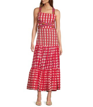 Runa Check and Leopard Strap Print Square Neckline Sleeveless Maxi Dress | Dillard's