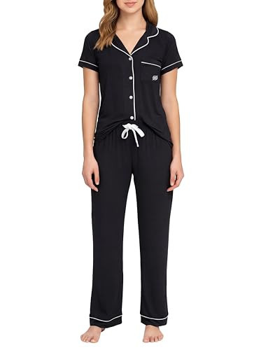 BORN Soft Button Up Pajamas for Women, Knit Button Down Pajama Set with Pants, PJ Sets (Black, Small) | Amazon (US)