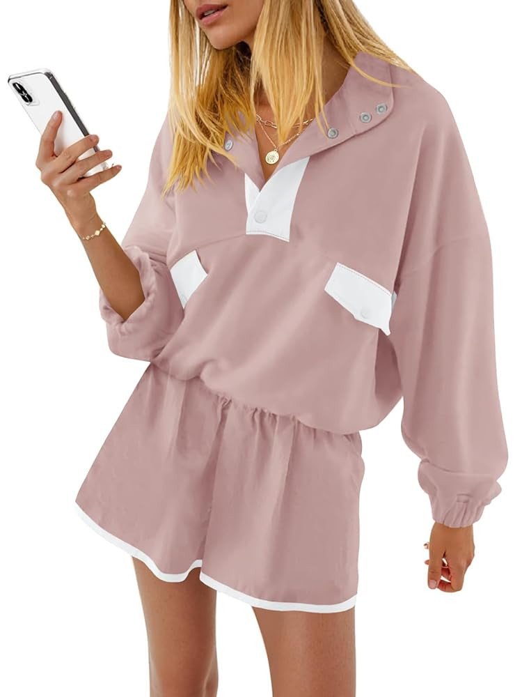 Fisoew Womens 2 Piece Outfits Sweatsuits Casual Snap Color Block Sweatshirts Running Shorts Sets ... | Amazon (US)