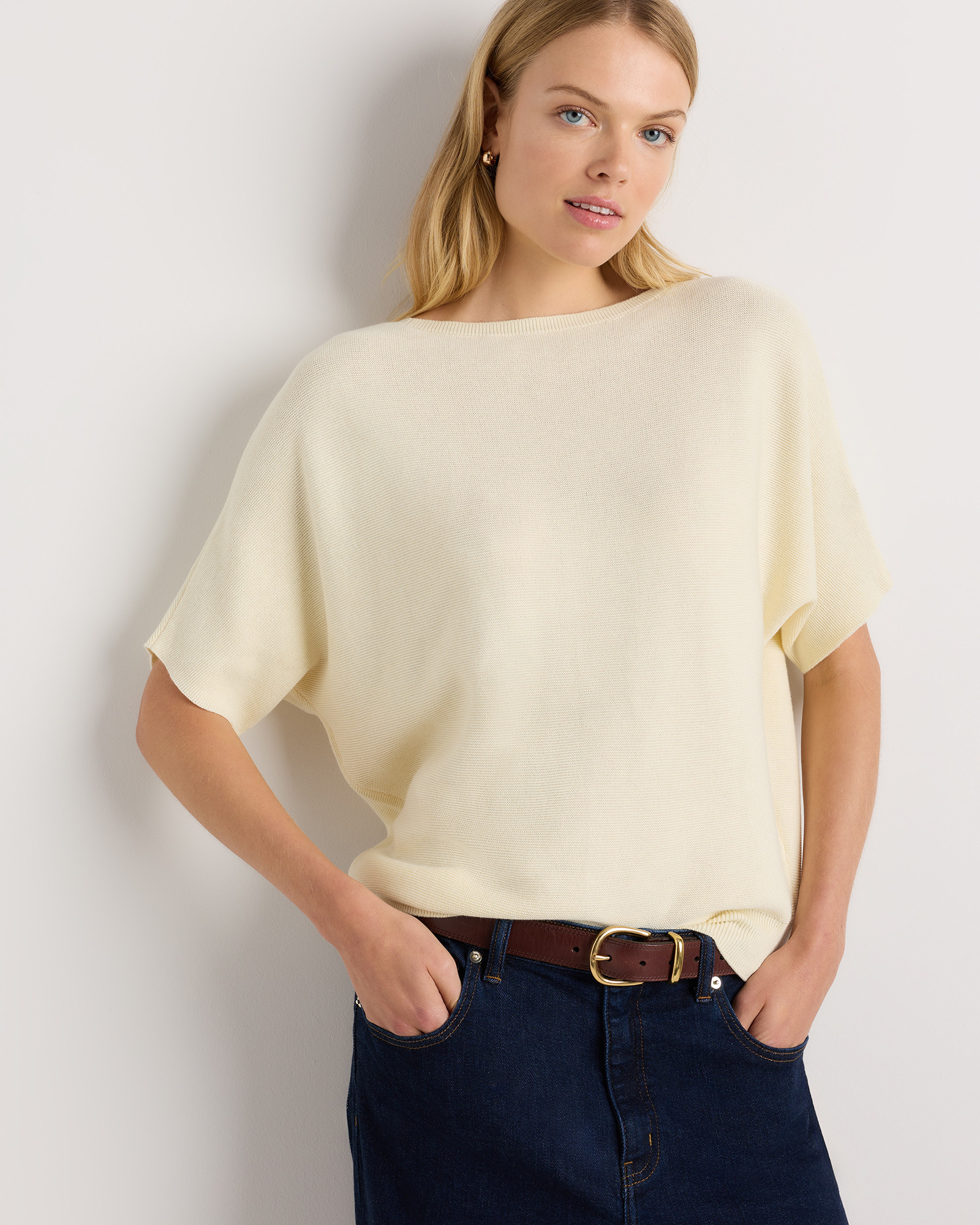 Quince | Women's Lightweight Cotton Cashmere Link-Stitch Dolman Sweater in Pale Custard Yellow, Size Small | Quince