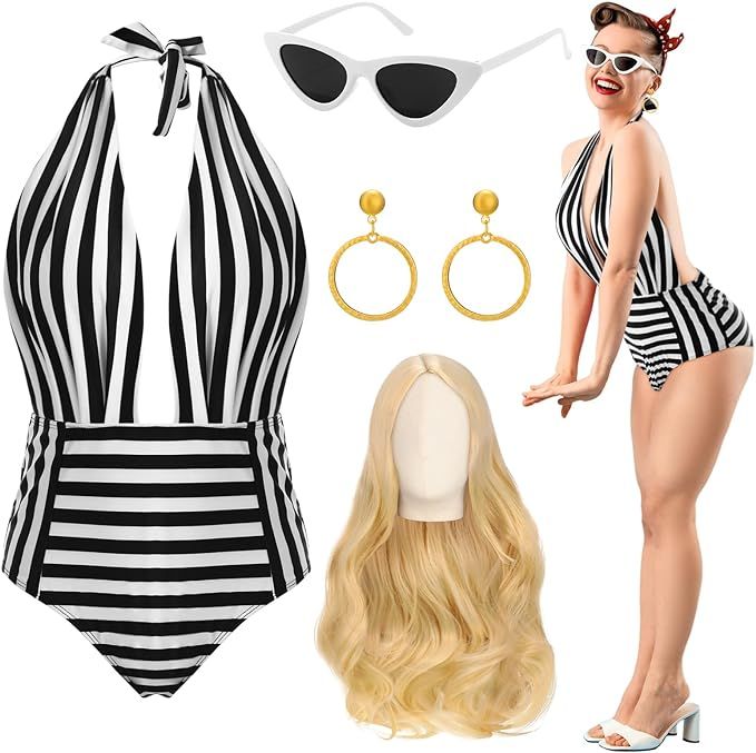 4 Pcs Halloween Striped Swimsuit Costume Black and White Bathing Suit Outfit for Women 2023 Movie... | Amazon (US)