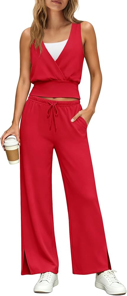 Yanekop Womens 2 Piece Lounge Set Pilates Wrap Top Wide Leg Pants Set Summer Beach Vacation Outfi... | Amazon (US)