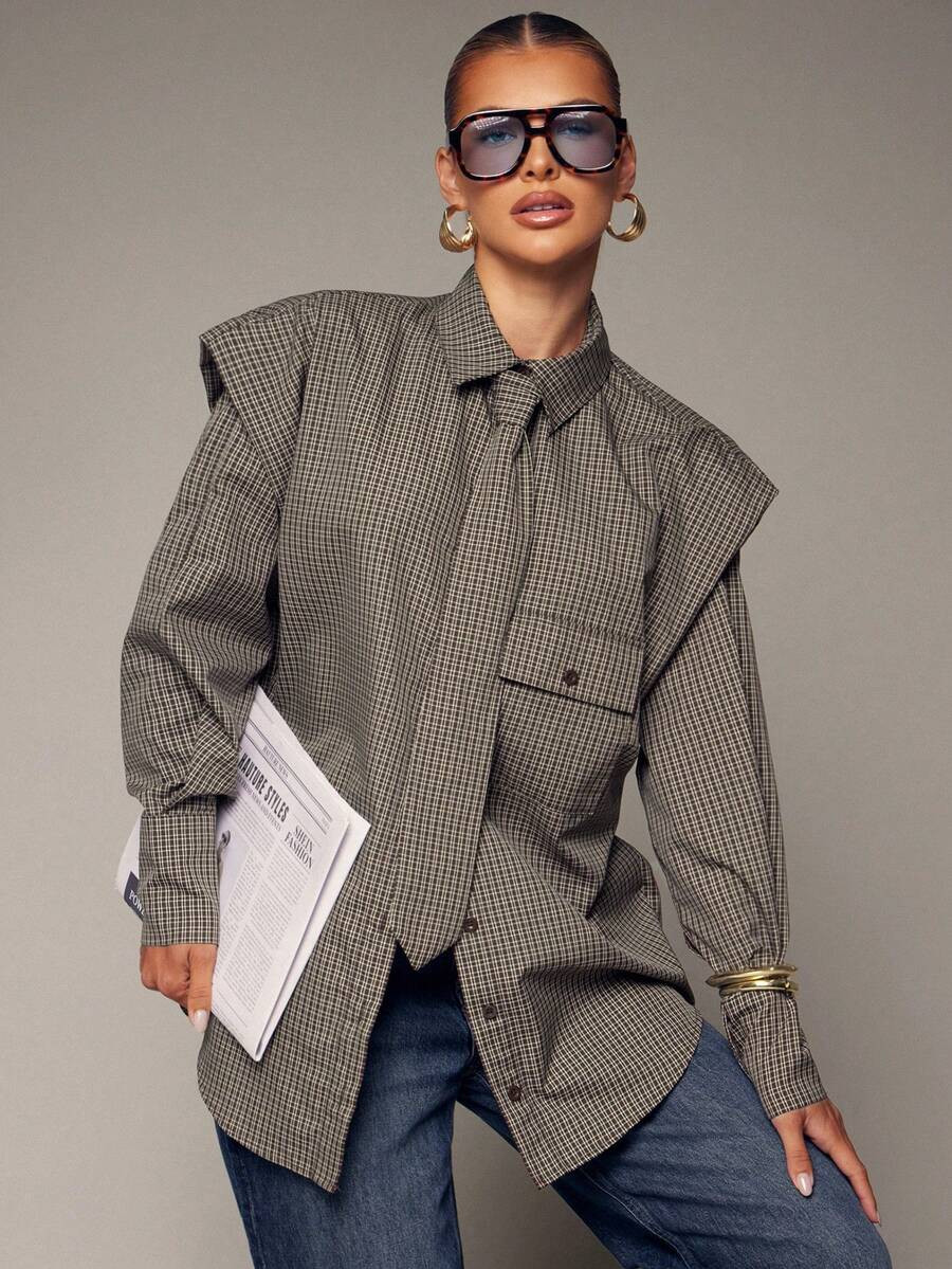 Hauture Women's Sexy Casual Fashion Tie Front Exaggerated Shoulder Plaid Shirt, Office, Business ... | SHEIN