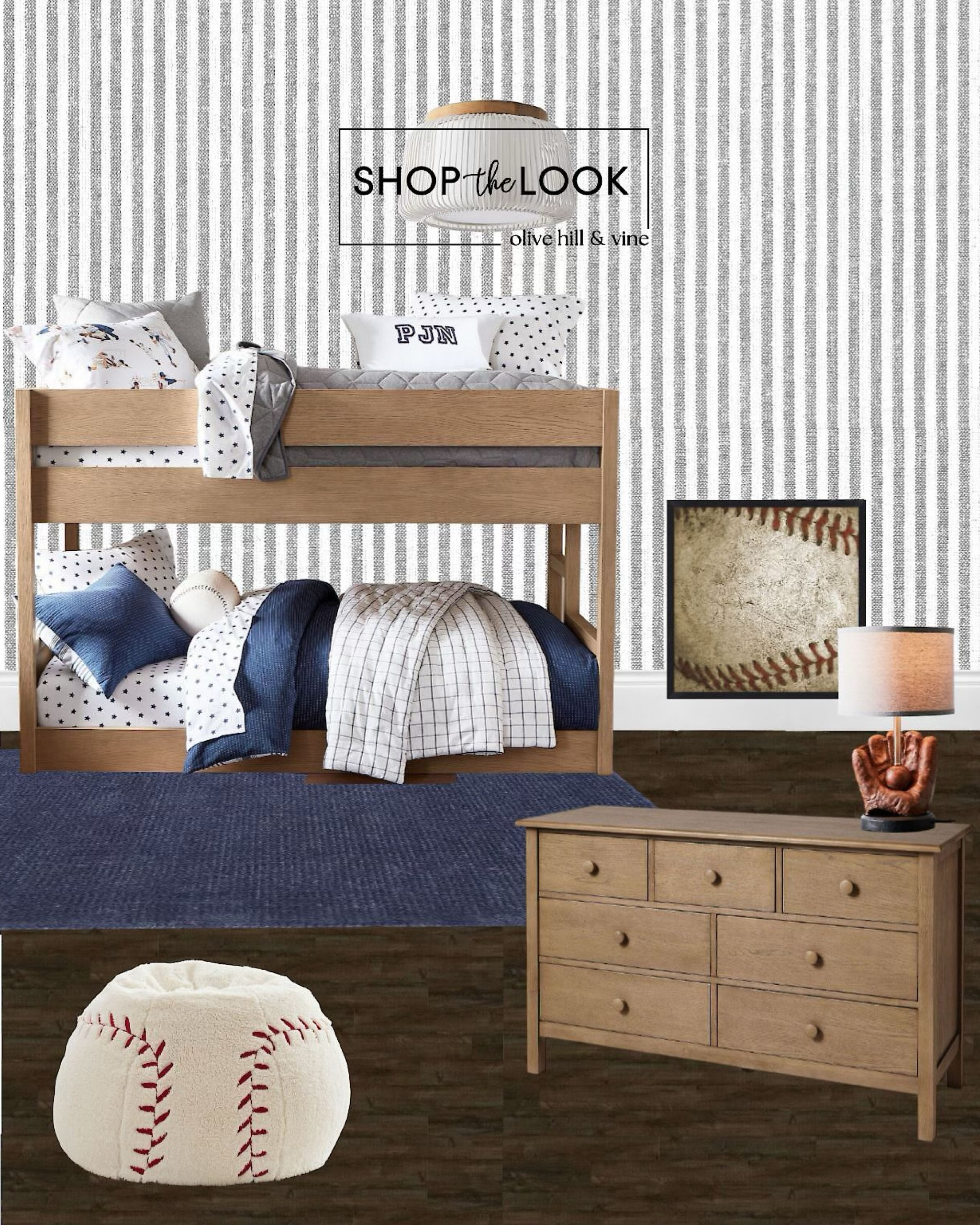 Looking for fresh inspiration for your growing boy’s room? This navy and gray color palette hits all the right notes. A weathered ball art piece adds personality, paired with a baseball bean bag chair and mitt table lamp. Plus, a stylish bunk bed makes the most of the space. Perfect for his next phase! 

#LTKFamily #LTKKids #LTKHome