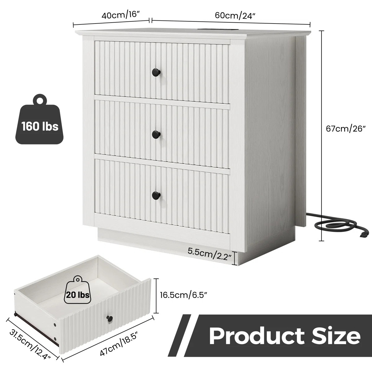 24" W x 26" H Solid Wood Nightstand With Built-in Outlets,3 Drawer Fluted Front  Bedside Table(Se... | Wayfair North America