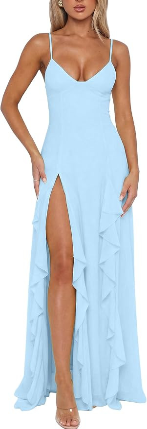 BORIFLORS Women's Sexy V Neck Spaghetti Strap Vacation Maxi Dress High Slit Cocktail Wedding Gues... | Amazon (US)
