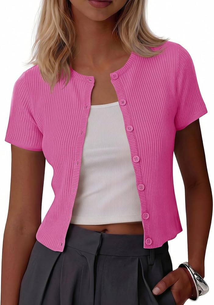 Imily Bela Womens Short Sleeve Sweater Tops Summer Button Down Casual Ribbed Knit Slim Fit Croppe... | Amazon (US)