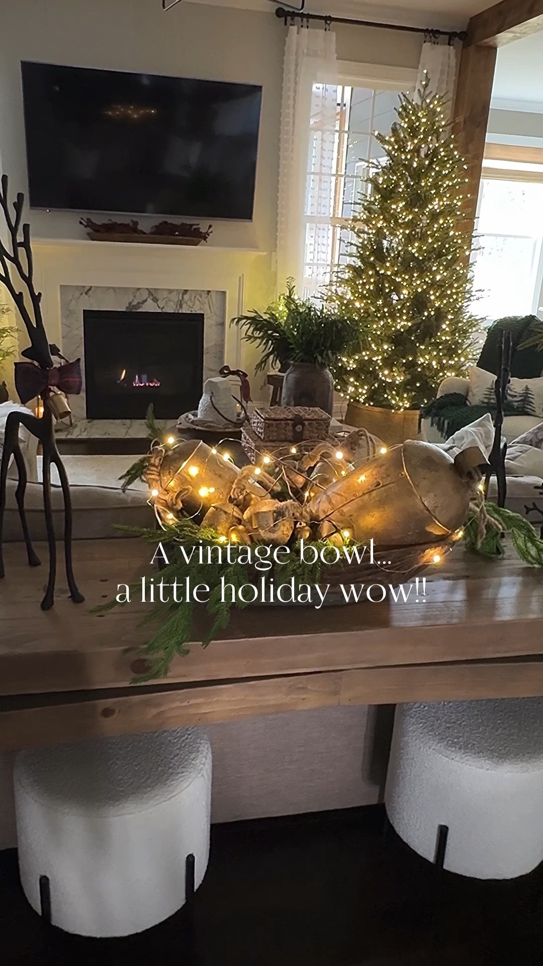 Christmas Vintage Bowl Styling!!

You can never have too many bells…right?!!😂 I love how all my gold bells look with the twinkling lights🥰. 

Vintage wood bowls, bells, twinkling fairy lights, real touch Norfolk pine stems, wood butter wax, jeans, Grand Duchess Christmas Tree, console table, stools, reindeer, berry wreath