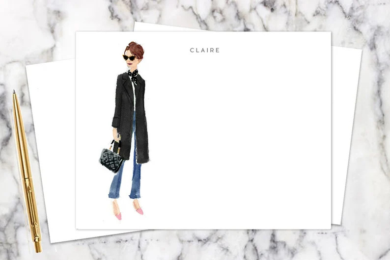 Personalized Stationery: Black Coat Pixie Cut {stationery Notecards, Personalized, Watercolor, Mo... | Etsy (US)