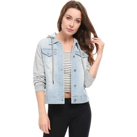 Allegra K Women's Layered Long Sleeves Hooded Denim Jacket Light Blue XL | Walmart (US)