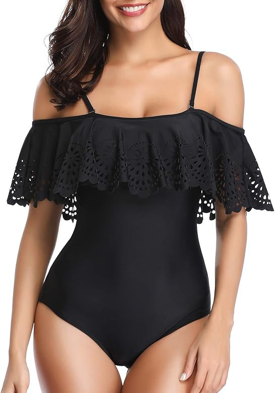 Vintage One Piece Swimsuit for Women Off Shoulder Ruffle Floral Bathing Suit | Amazon (US)
