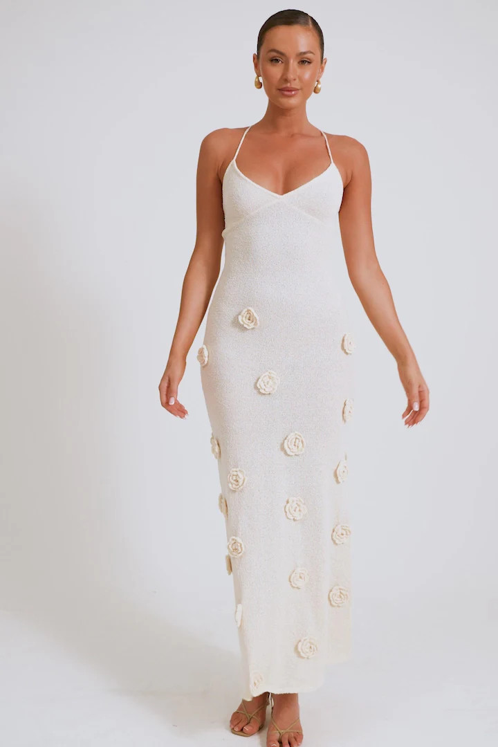 Suki Knit Maxi Dress With Flowers - Nude | MESHKI US