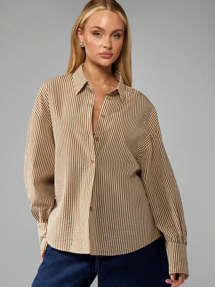 MISSGUIDED Striped Button Down Shirt Tie Back Detail Balloon Sleeve Collared Blouse Wide Cuff Office Business Casual Spring Fall Winter Fashion | SHEIN