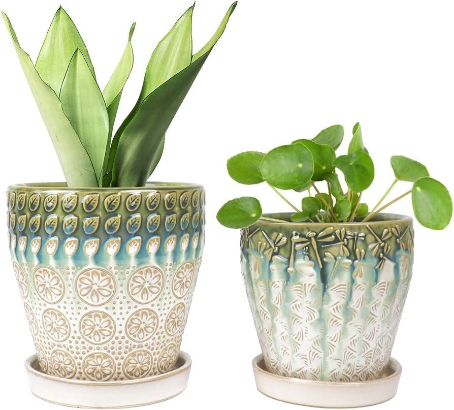 6 Inch + 5 Inch Ceramic Planter with Drainage Hole and Saucer for Plants, Indoor-Outdoor Round Su... | Amazon (US)