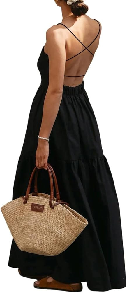 SHENHE Women's Backless Cami Dress Criss Cross Open Back Boho Maxi Dress Summer Sundress | Amazon (US)