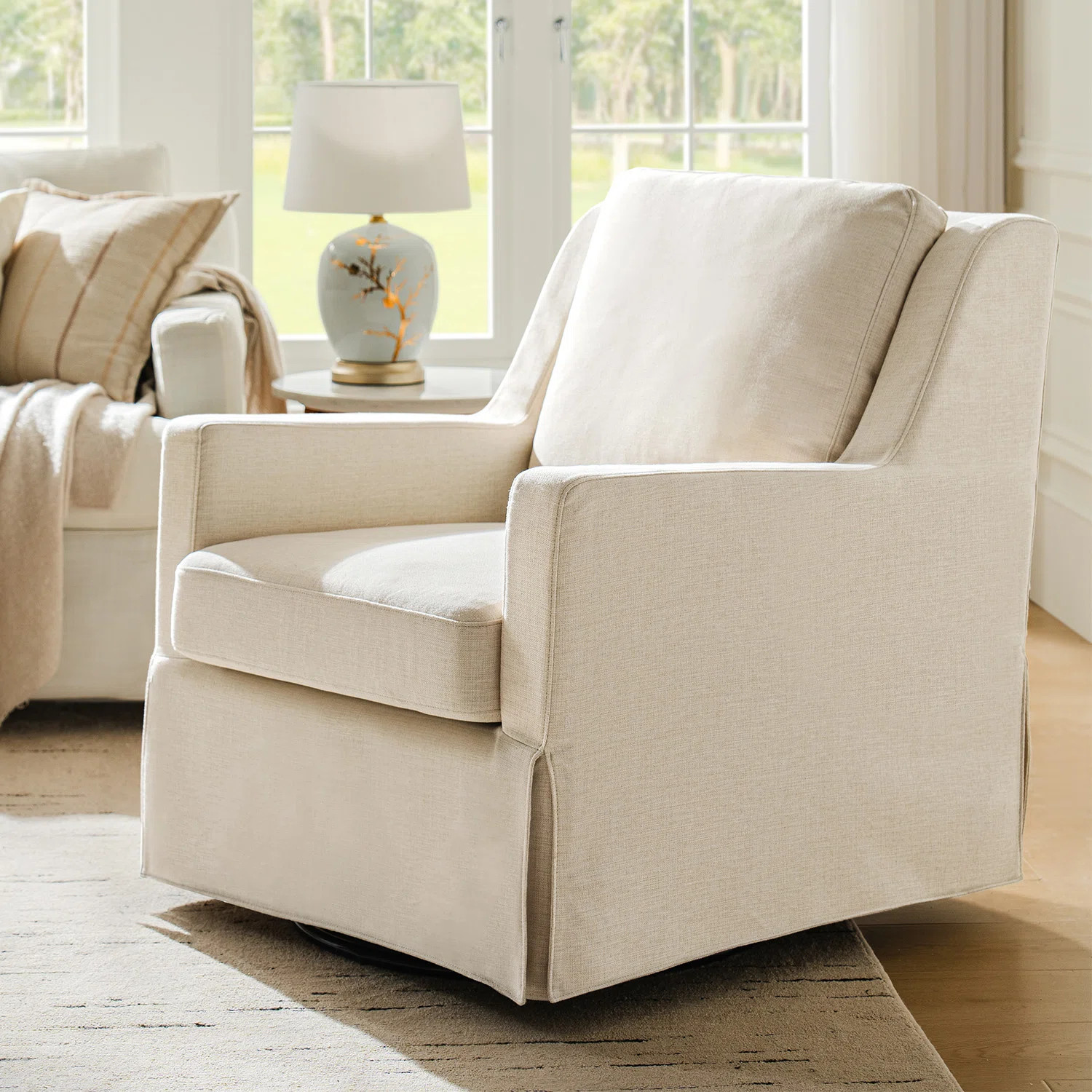 Lillie 30" W Farmhouse Slipcovered Down-blend Swivel Rocking Chair with Pillow Back | Wayfair North America