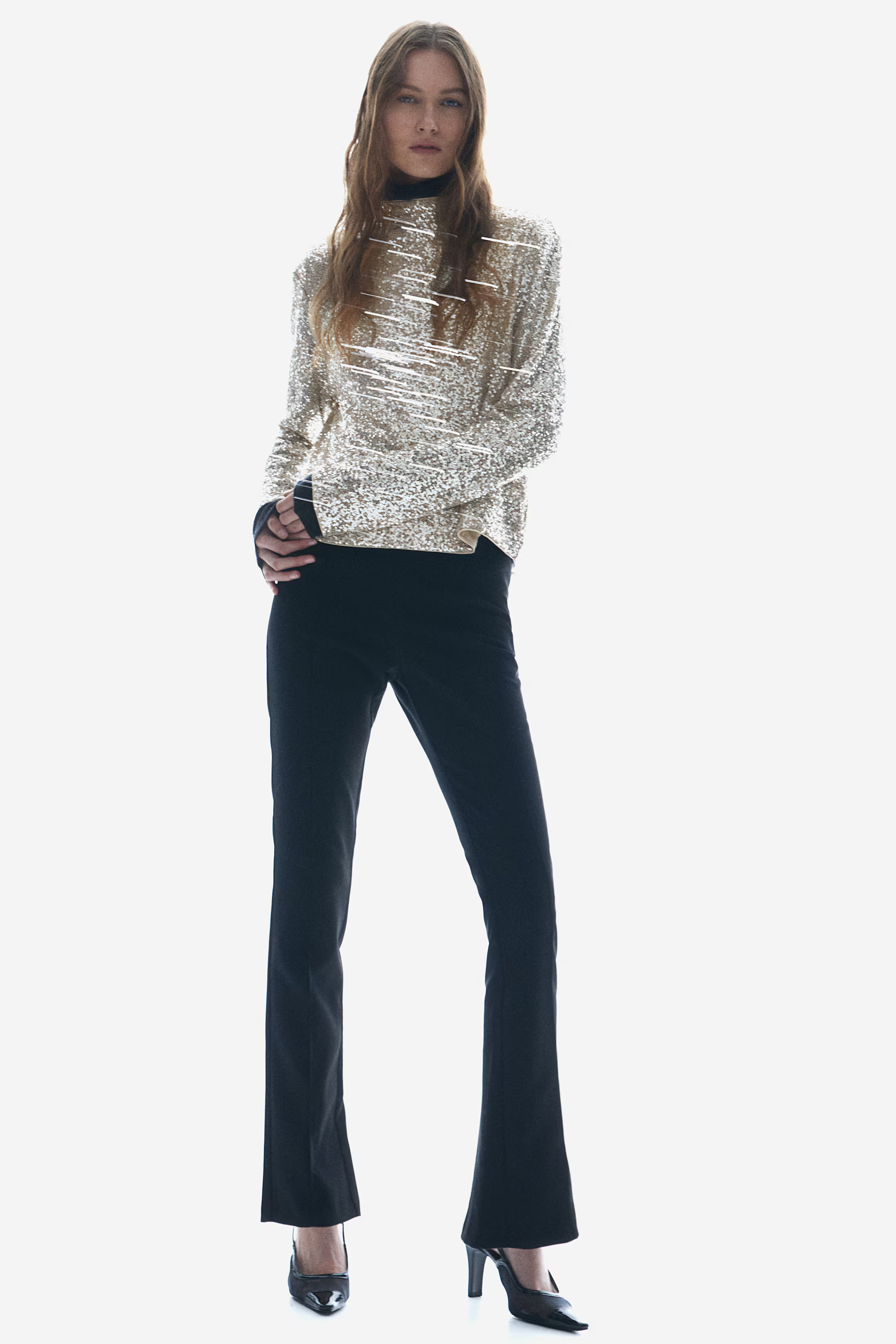 Sequined turtleneck top - Light beige/Silver-coloured - Ladies | H&M GB | H&M (UK, MY, IN, SG, PH, TW, HK)