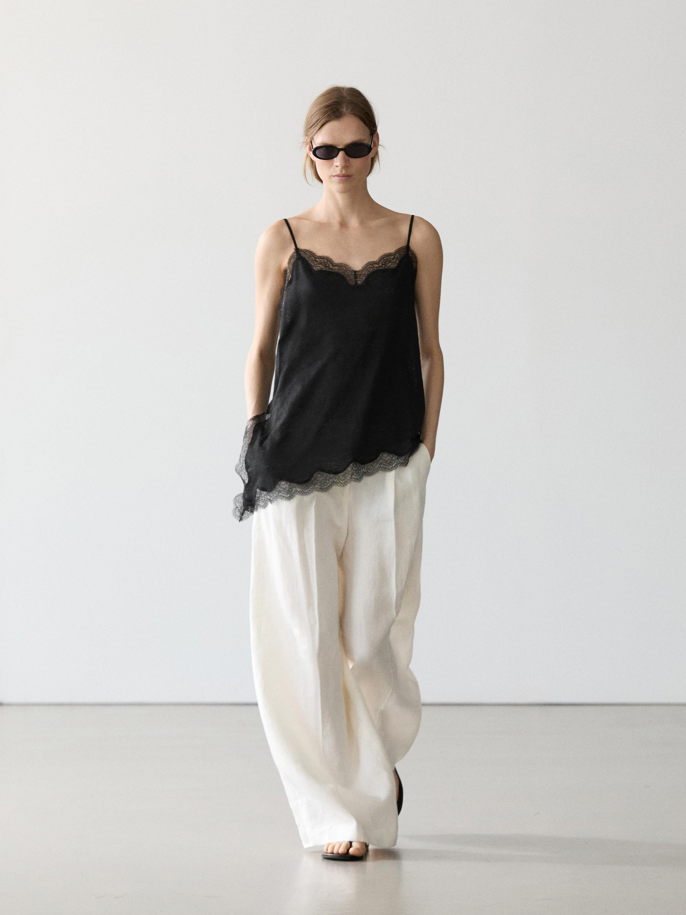 Asymmetric linen blend camisole top | Massimo Dutti UK