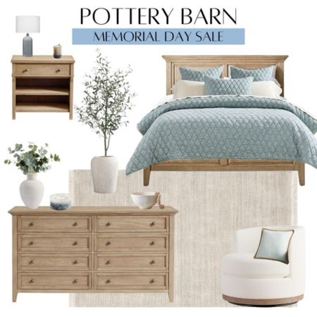 Pottery Barn bedroom sale finds including wood nightstands,
Dresser, accent chair, area rug and blue bedding. 

#LTKFamily #LTKHome #LTKSaleAlert