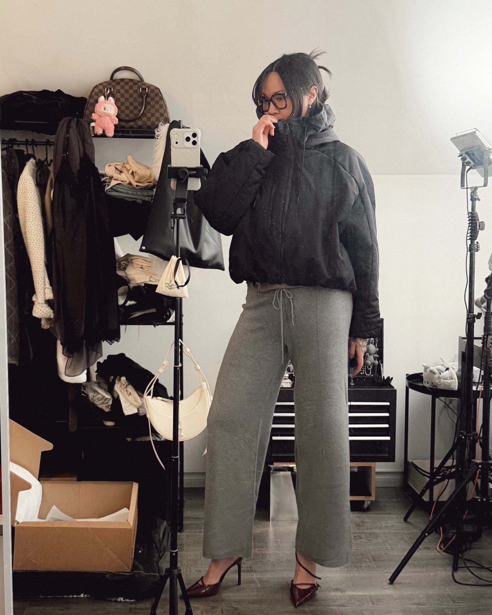 Sale - Comfy casual grey knit pull on pant. I’m 5’7, size medium, and these are a tad bit too short for me. It reaches my ankles but I’d like something longer. Dressed with Zara red heel strap buckle pumps and windproof water repellent hooded puffer bomber jacket (Sz small, it’s a roomy jacket and oversized) also from Zara #casualoutfit #falloutfit #bomberjacket #blackbomberjacket #knitpants 

#LTKFindsUnder50 #LTKCyberWeek #LTKootd