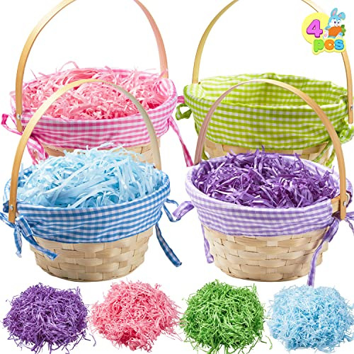 JOYIN 4 Pcs Easter Bamboo Baskets Gift Woven Baskets with Handles and 4 Colors Grass Paper Shreds, Candy Wicker Candy Toys Storage Bucket for Easter Egg Hunt, Kids Party Supplies(9" X 8") | Amazon (US)