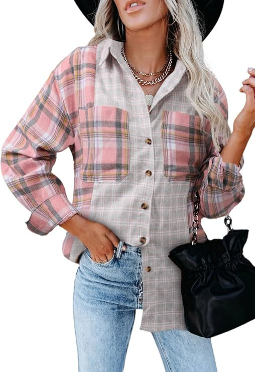 Actloe Womens Shacket Plaid Shirt Long Sleeve Lapel Button Down Shirts Casual Color Block Blouses... | Amazon (US)