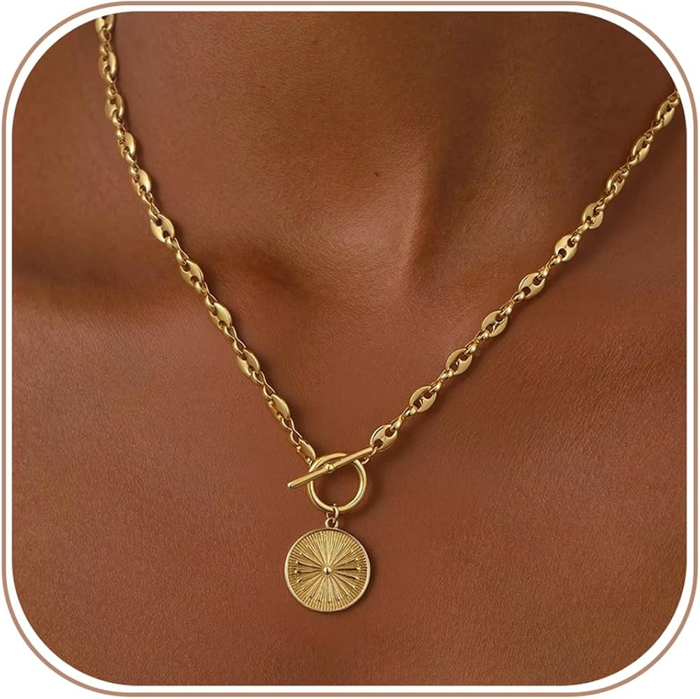 Chunky Gold Necklace for Women, Simple 14K Gold/Silver Plated Circle Pendant Choker Necklaces Tre... | Amazon (US)