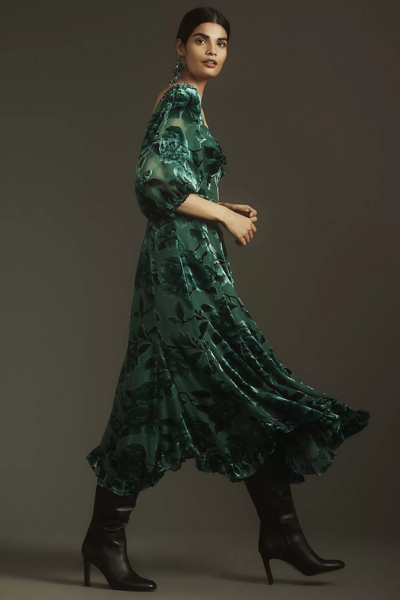 Hutch Printed Twist-Front Puff-Sleeve Velvet Dress | Anthropologie (US)