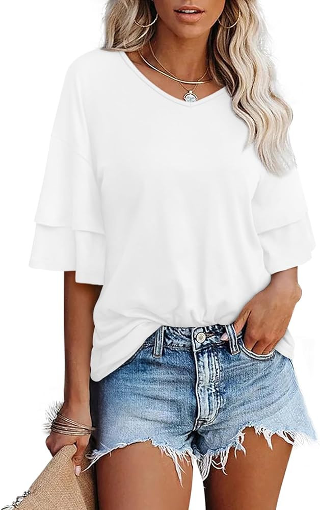 REORIA Women's 2026 Short Sleeve Henley T Shirts Button Ribbed Knit Slim Fit Casual Basic Tops Bl... | Amazon (US)