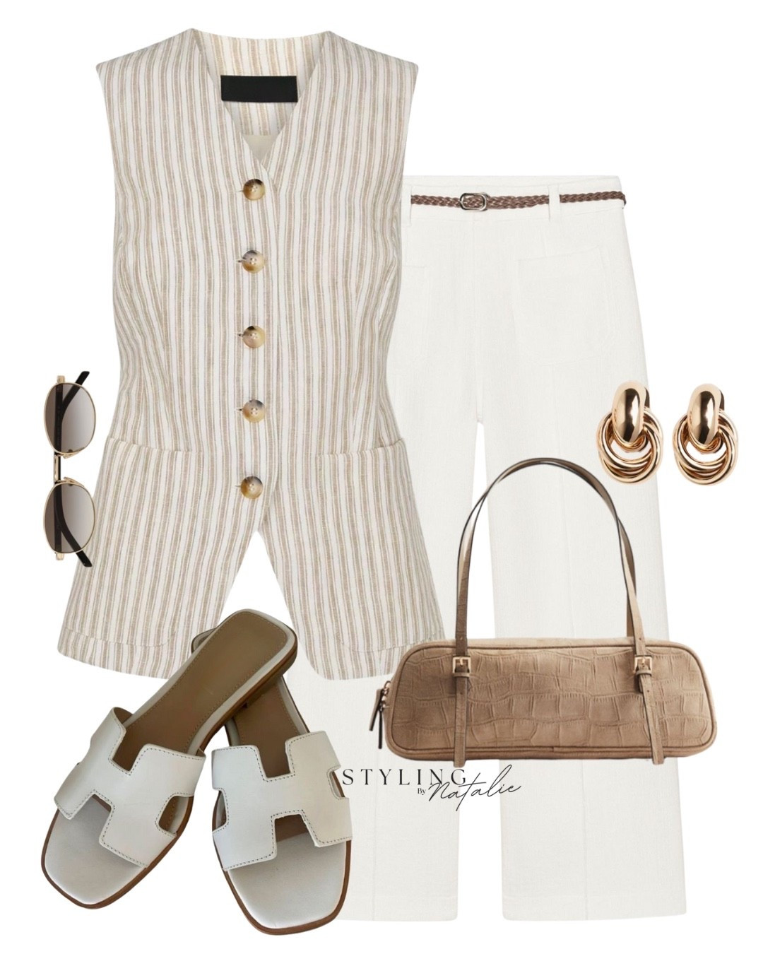 Neutral summer style, stripe waistcoat, belted culottes, white slides, beige bag, gold earrings & sunglasses. Beige outfit, summer outfit, zara, smart casual, sandals, casual chic.

#LTKeurope #LTKsummer #LTKuk