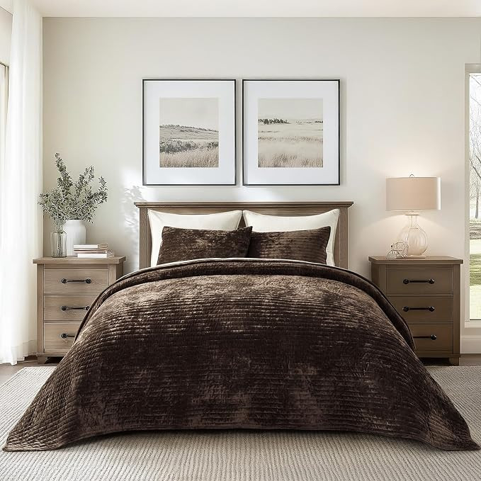 Stripe Channel Luxury Velvet Quilt Set King Size, Walnut Brown | Amazon (US)