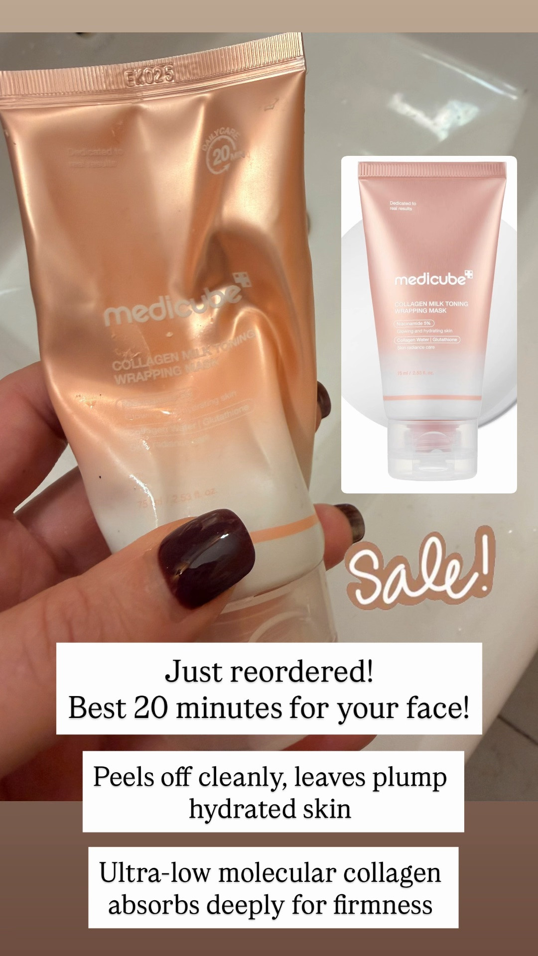 Medicube 20 minute skin peel
Peels off cleanly, leaves plump hydrated skin
positive aspect

Ultra-low molecular collagen absorbs deeply for firmness