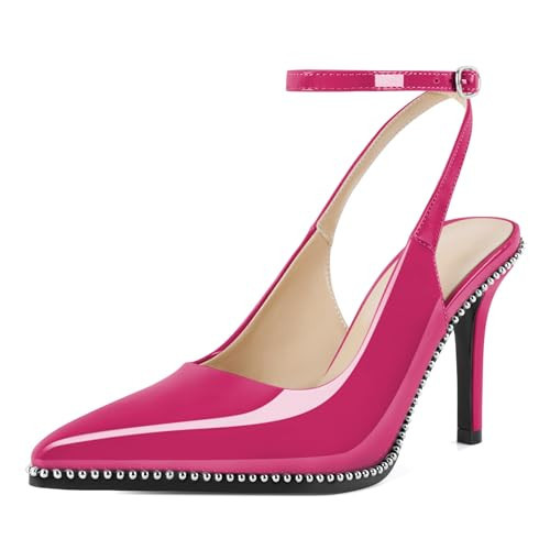 Soireelady Women's Hot Pink Ankle Strap Slingback Pumps Beaded Heels High Stilettos Fashion Dress Shoes 3.5 Inches US Size 7.5 | Amazon (US)