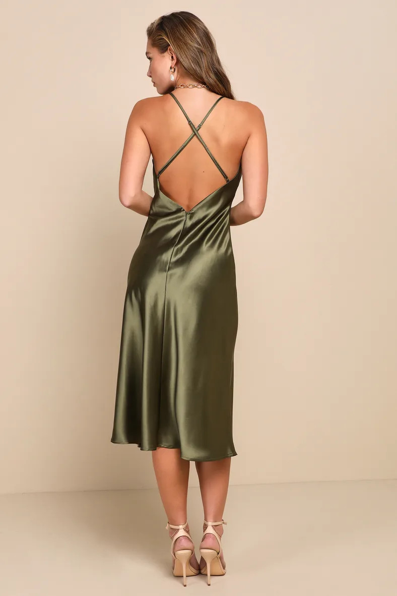Exquisitely Chic Olive Green Satin Backless Slip Midi Dress | Lulus